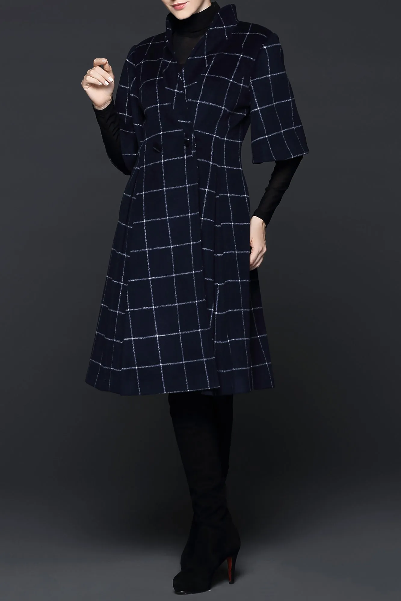 Ellen Han Collar Black & White Grid Winter Wool Coat