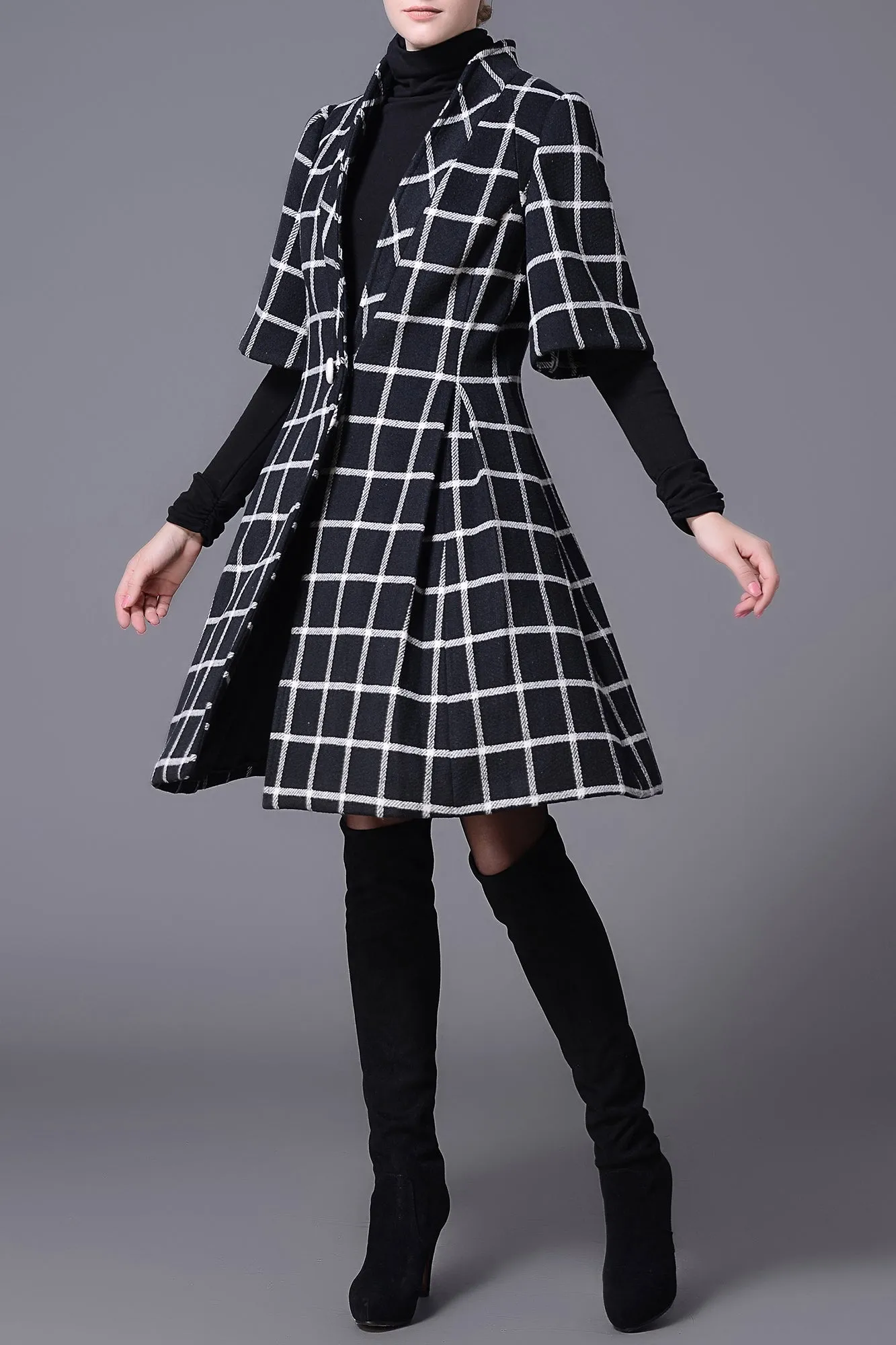 Ellen Han Collar Black & White Grid Winter Wool Coat