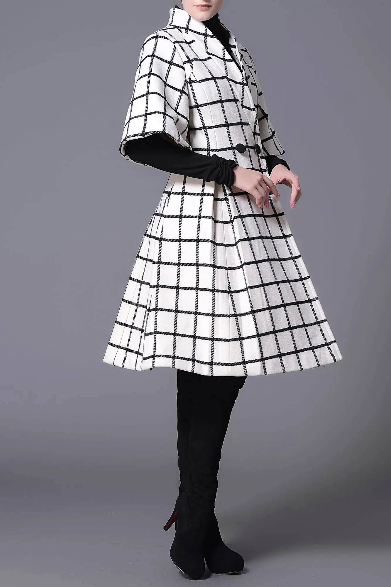 Ellen Han Collar Black & White Grid Winter Wool Coat