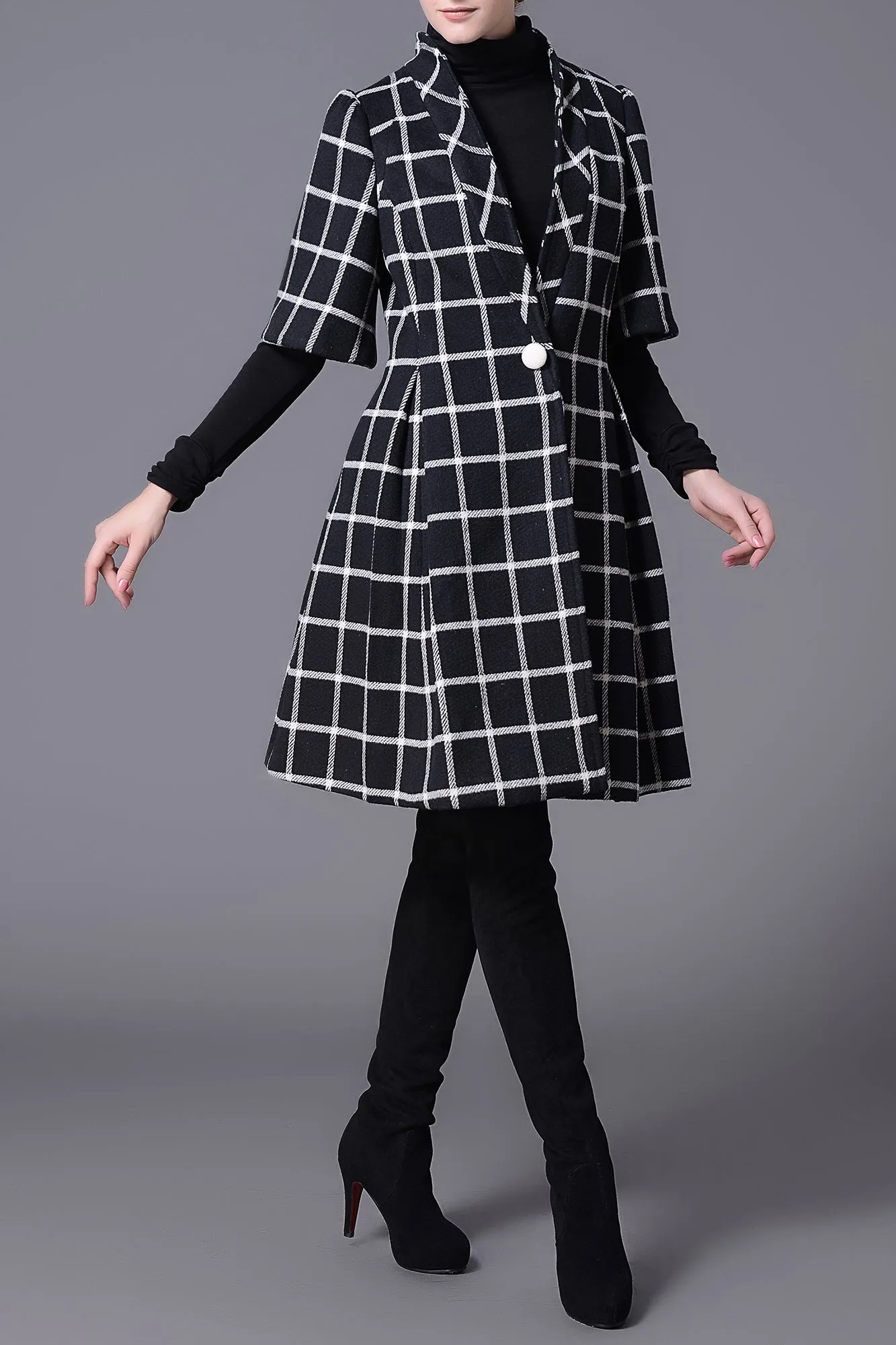 Ellen Han Collar Black & White Grid Winter Wool Coat