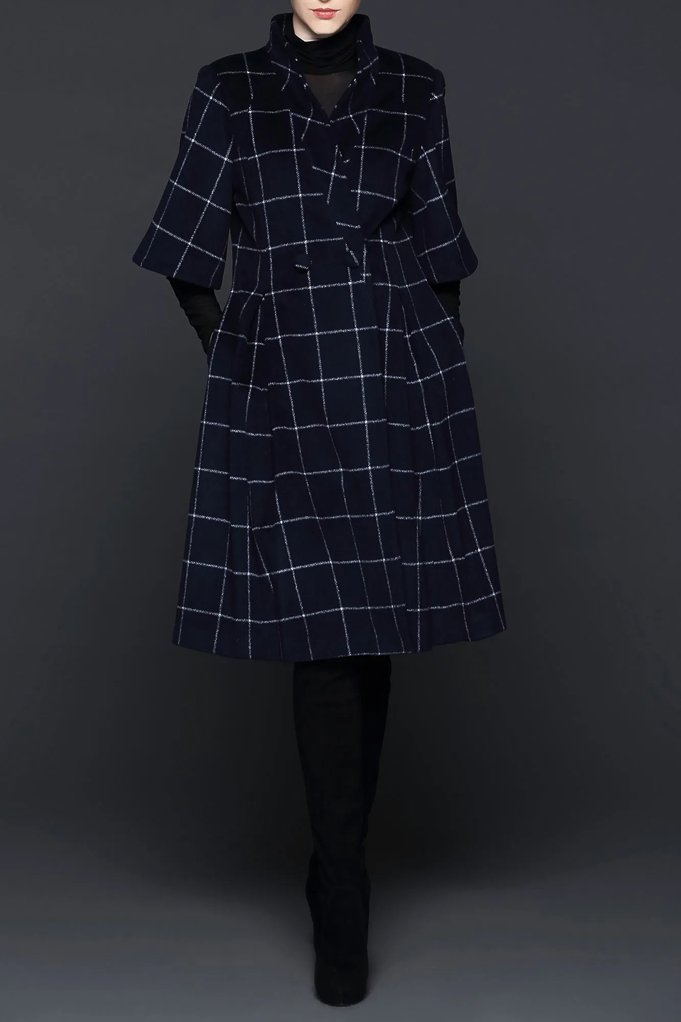 Ellen Han Collar Black & White Grid Winter Wool Coat