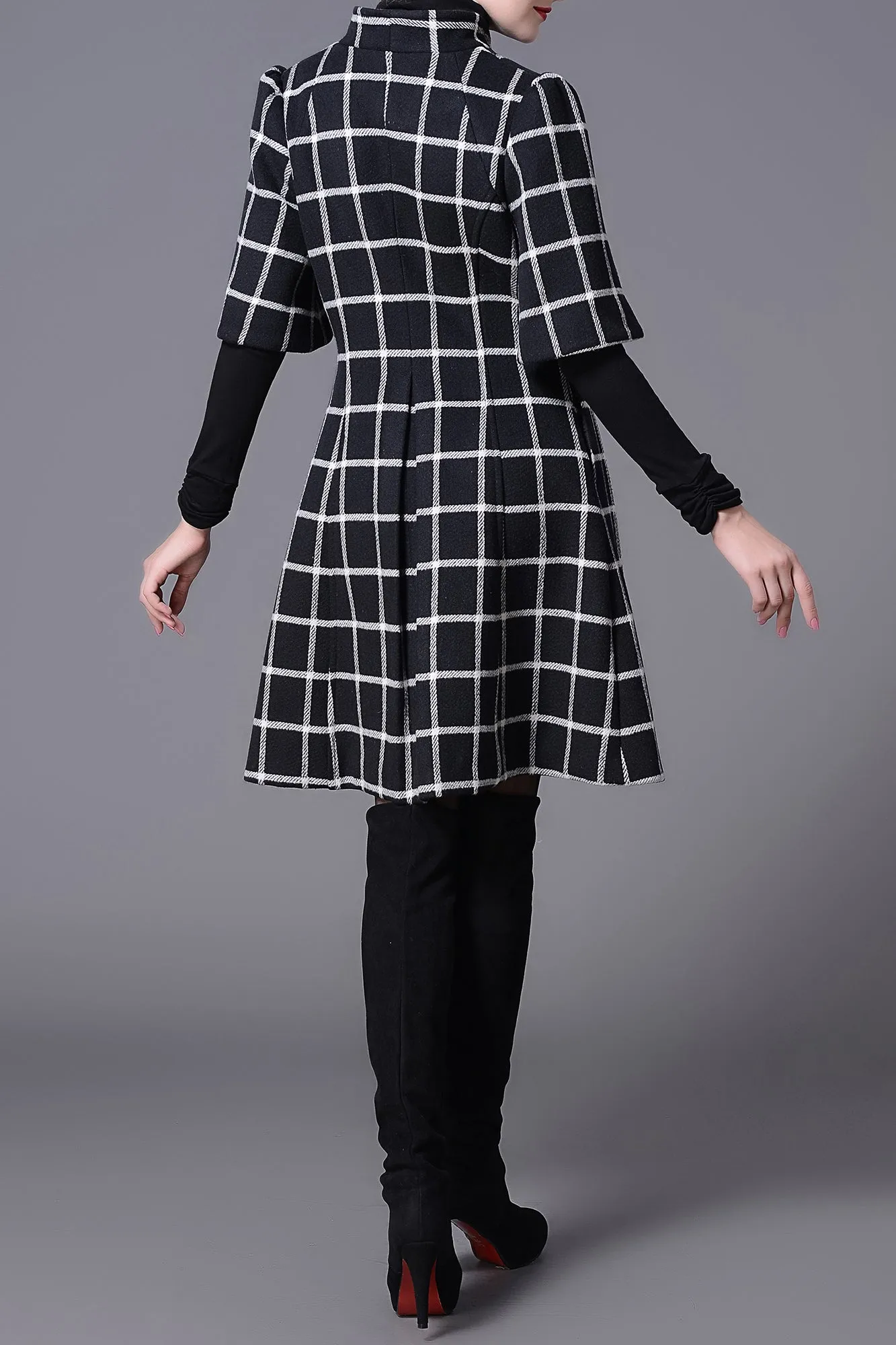 Ellen Han Collar Black & White Grid Winter Wool Coat