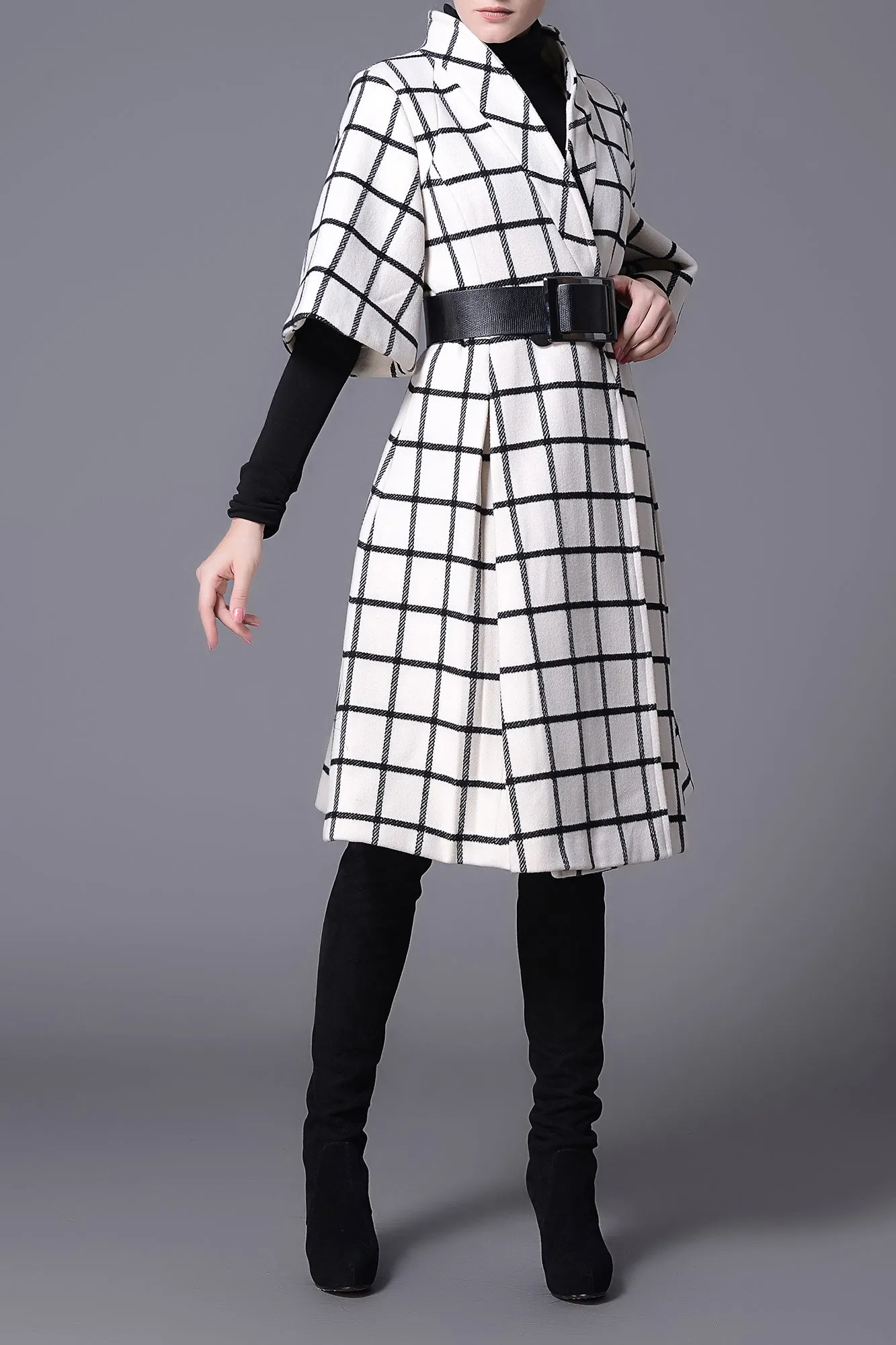 Ellen Han Collar Black & White Grid Winter Wool Coat