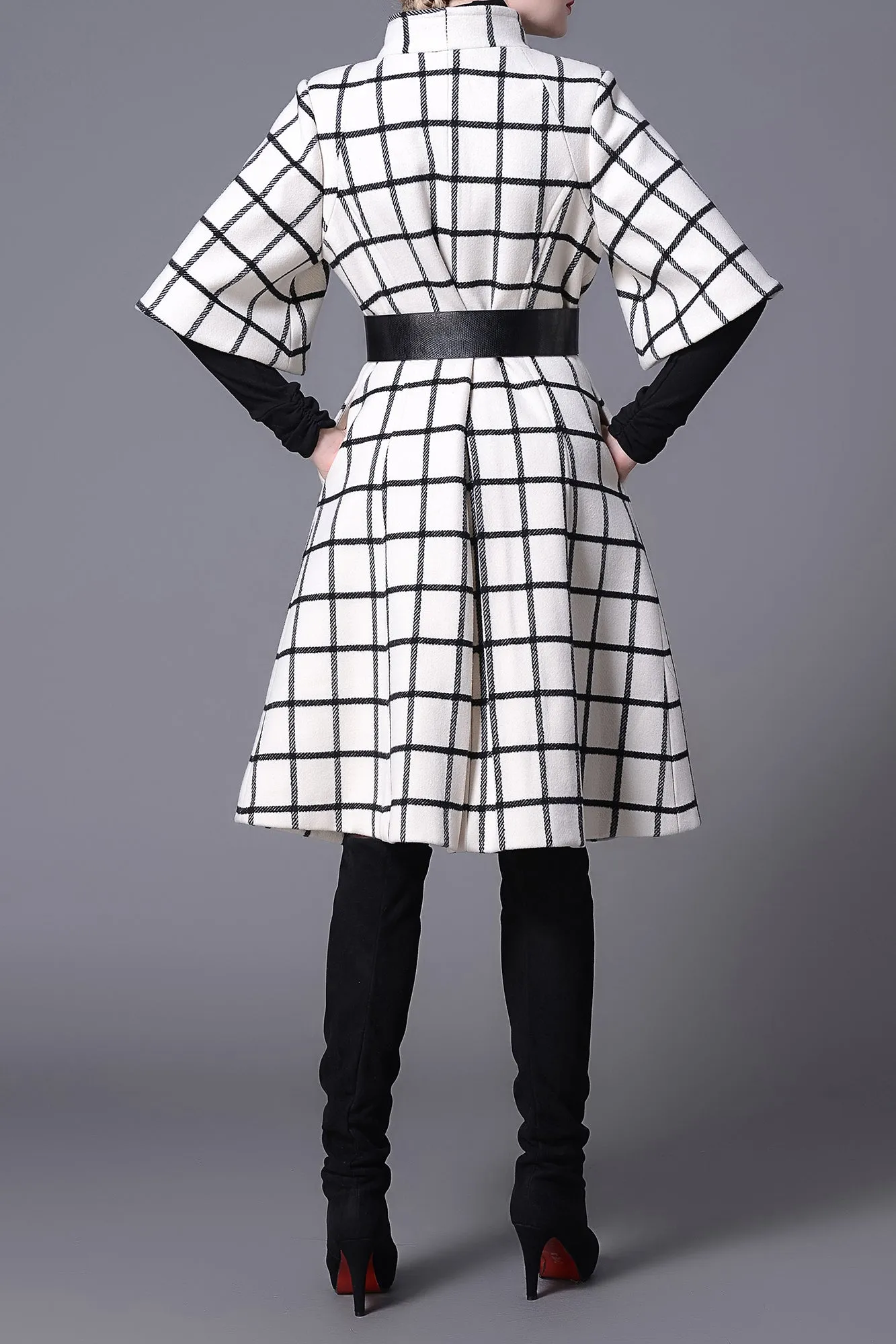 Ellen Han Collar Black & White Grid Winter Wool Coat