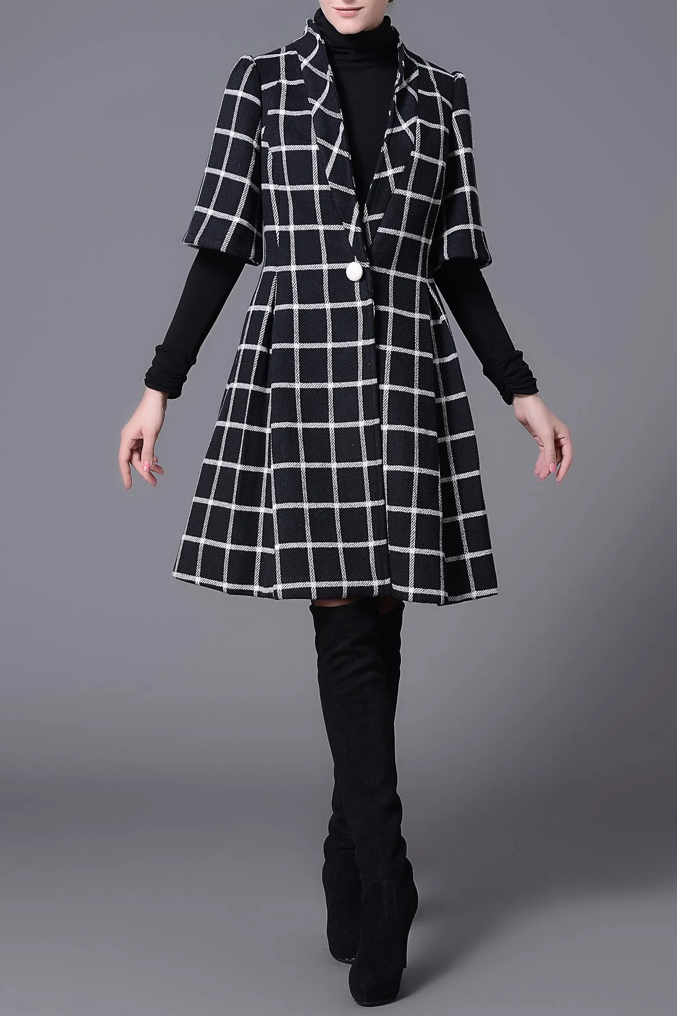 Ellen Han Collar Black & White Grid Winter Wool Coat