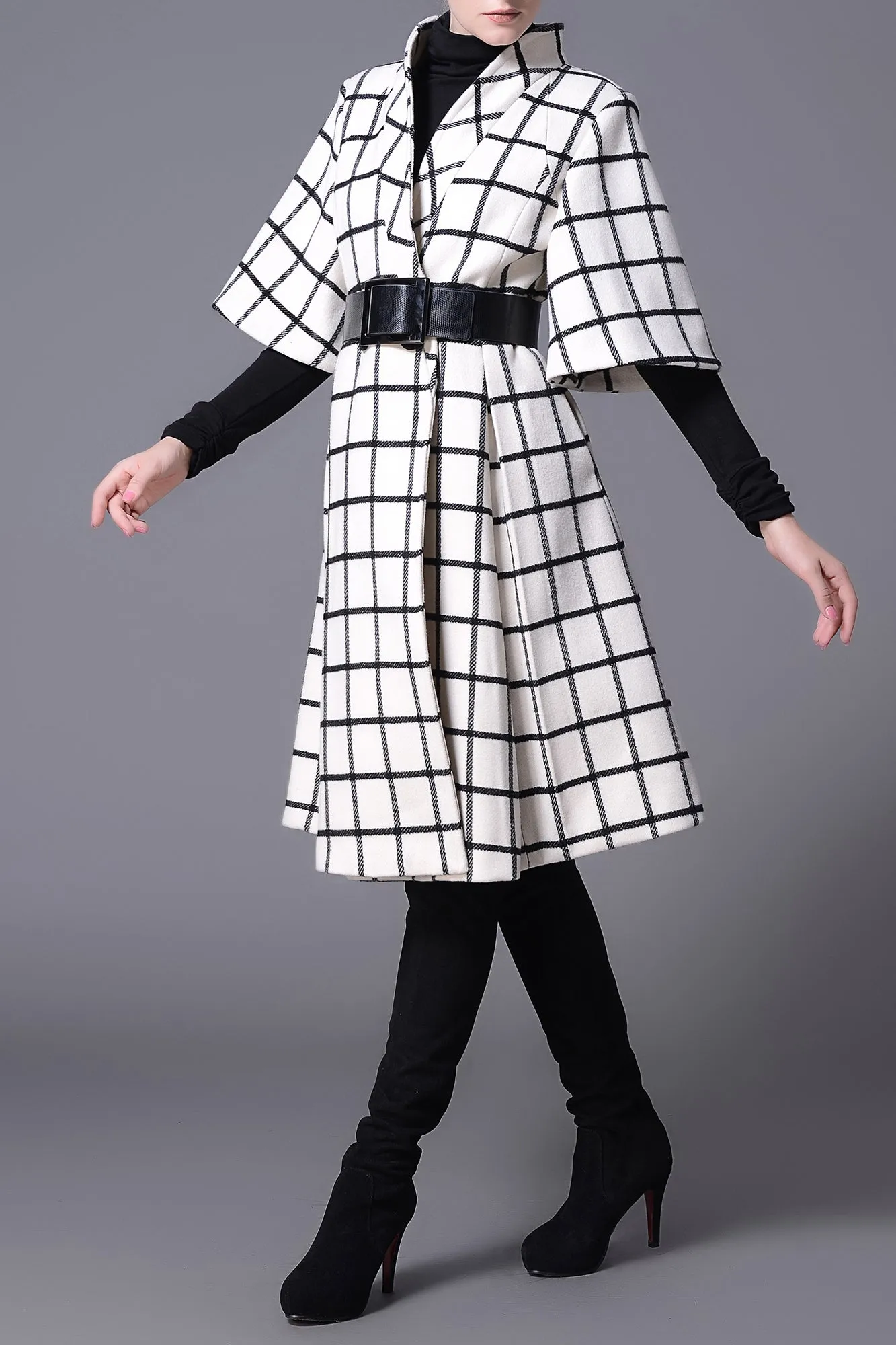 Ellen Han Collar Black & White Grid Winter Wool Coat