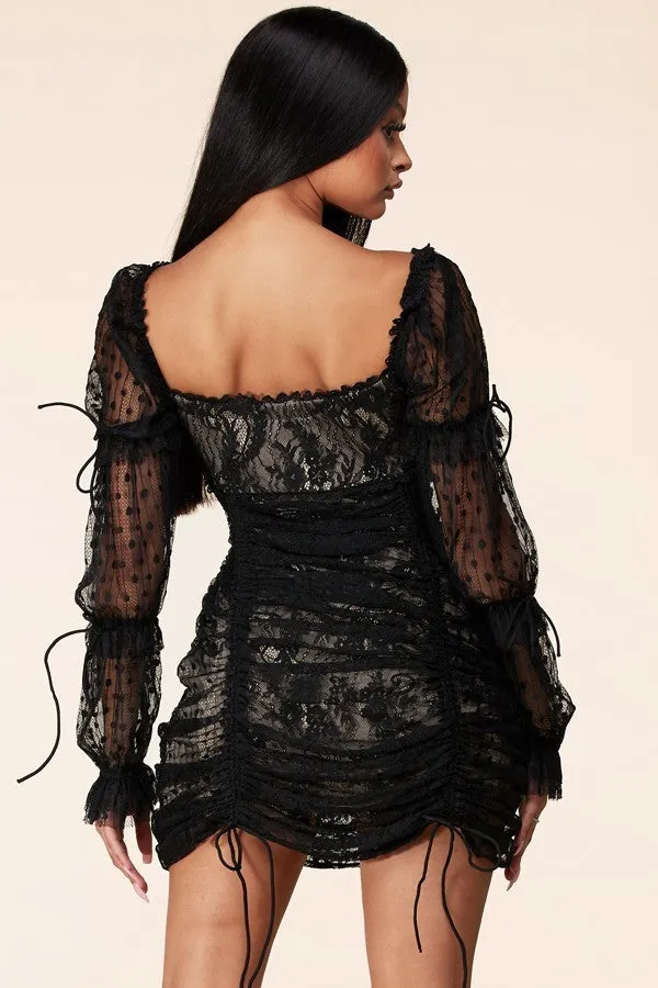 Emani Black Lace Ruched Mini Dress