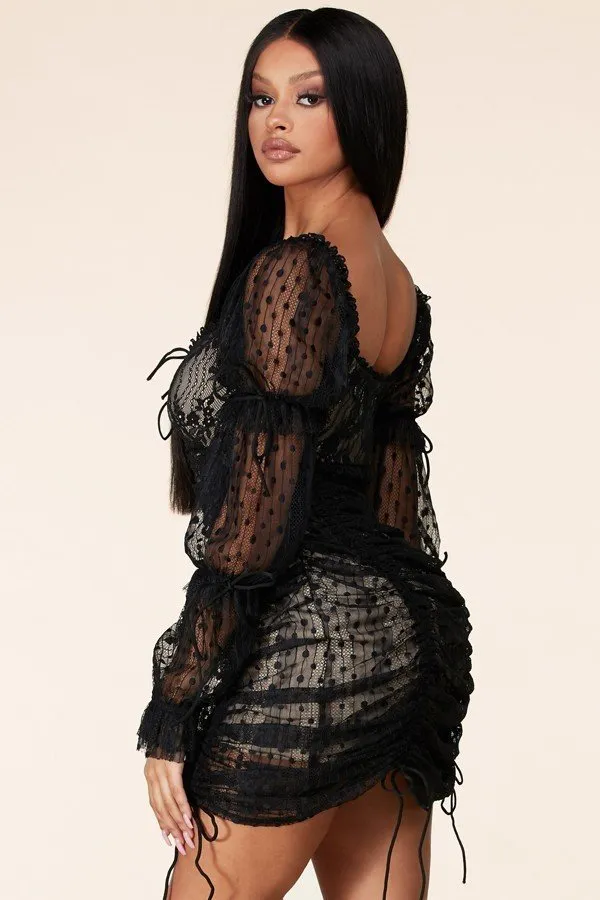 Emani Black Lace Ruched Mini Dress