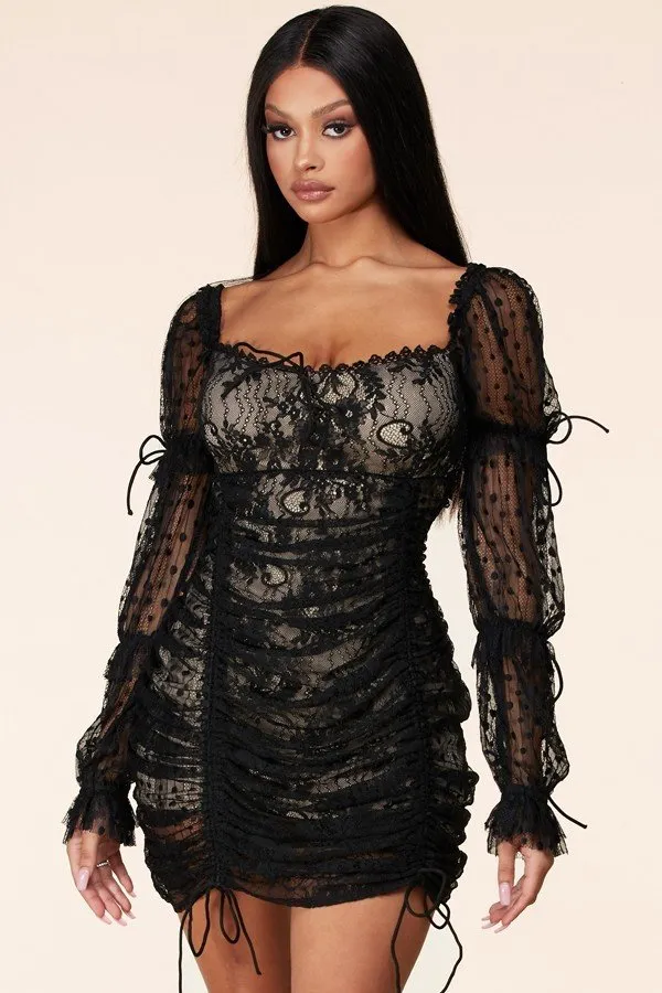 Emani Black Lace Ruched Mini Dress