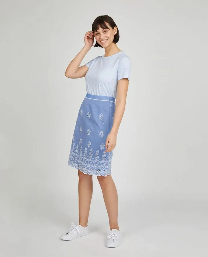 Embroidery and Cutwork Linen A-Line Skirt