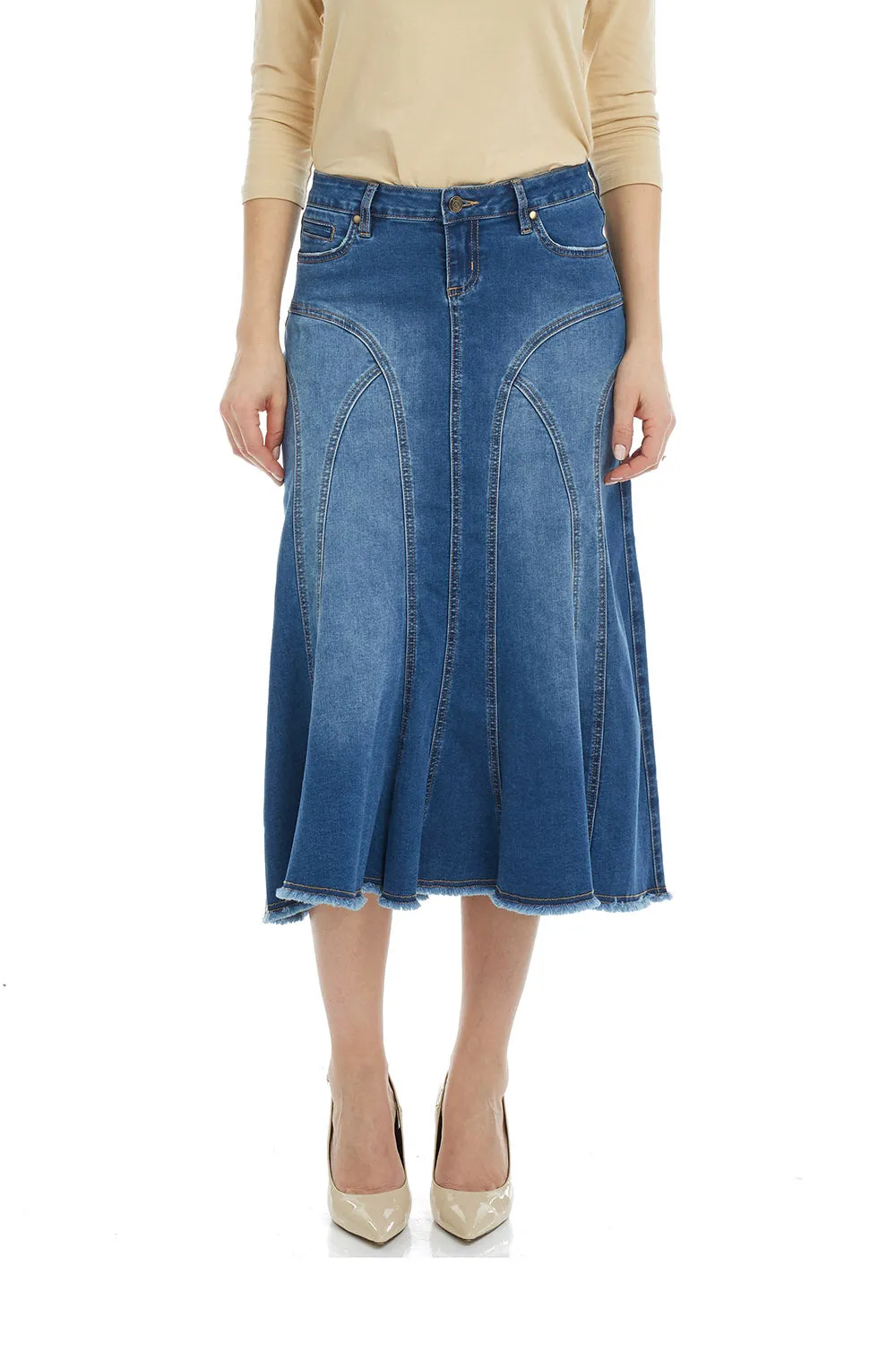 Esteez Midi A-Line Flared Denim Jean Skirt for Women 'Aspen'