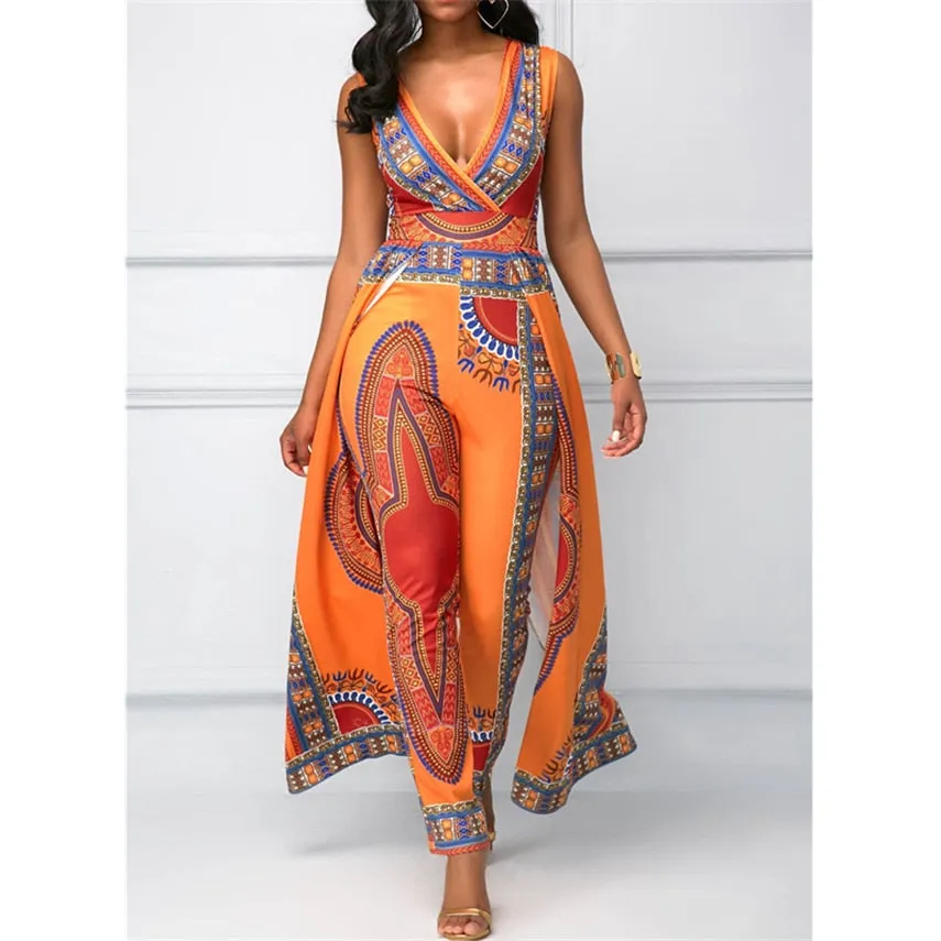 Fashion 2020 African Clothes Dashiki Print Ankara Jumpsuit Plus Size Ethnic Sleeveless African Dresses for Women Split Pants