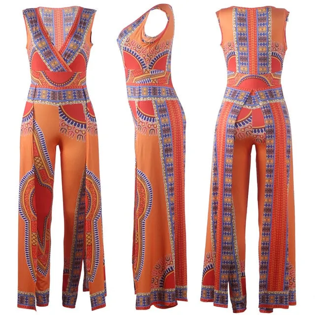 Fashion 2020 African Clothes Dashiki Print Ankara Jumpsuit Plus Size Ethnic Sleeveless African Dresses for Women Split Pants