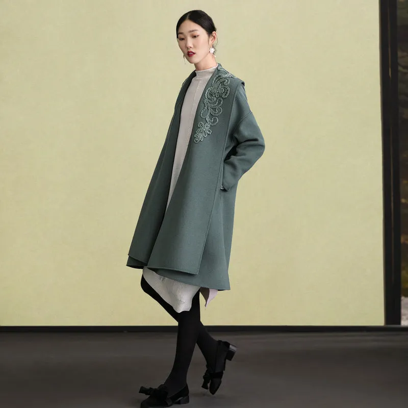 Fashion army green Woolen Coats Women plus size embroidery Winter coat long sleeve woolen outwear