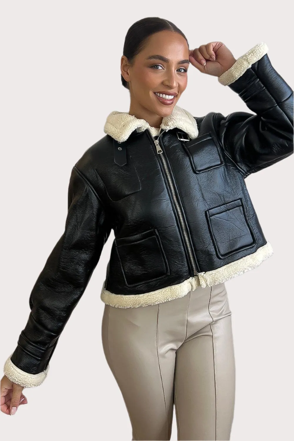 Faux Shearling Leather Aviator Jacket