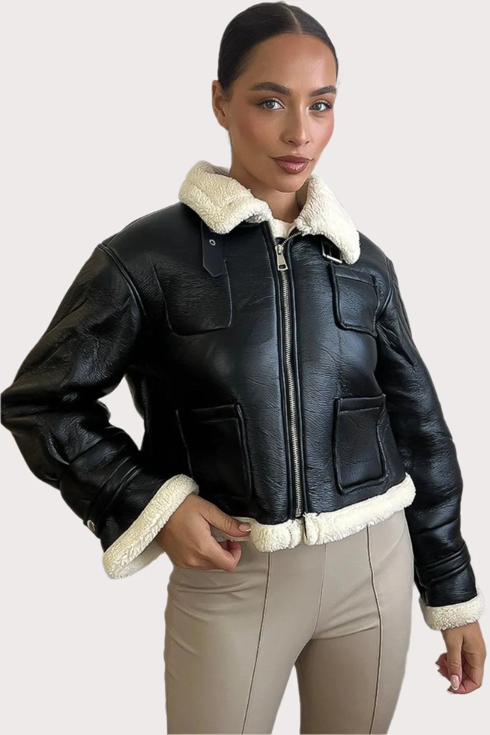 Faux Shearling Leather Aviator Jacket