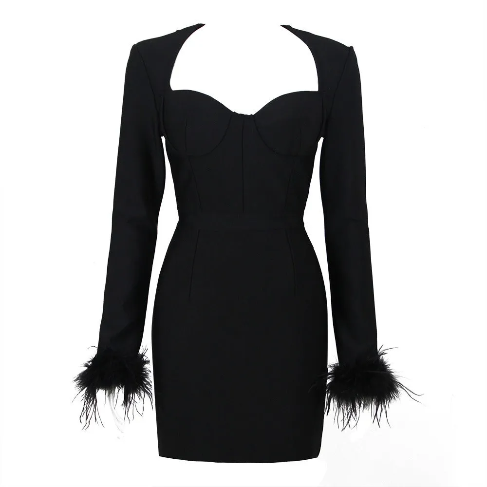 Feather Cuff Long Sleeve Mini Bandage Dress