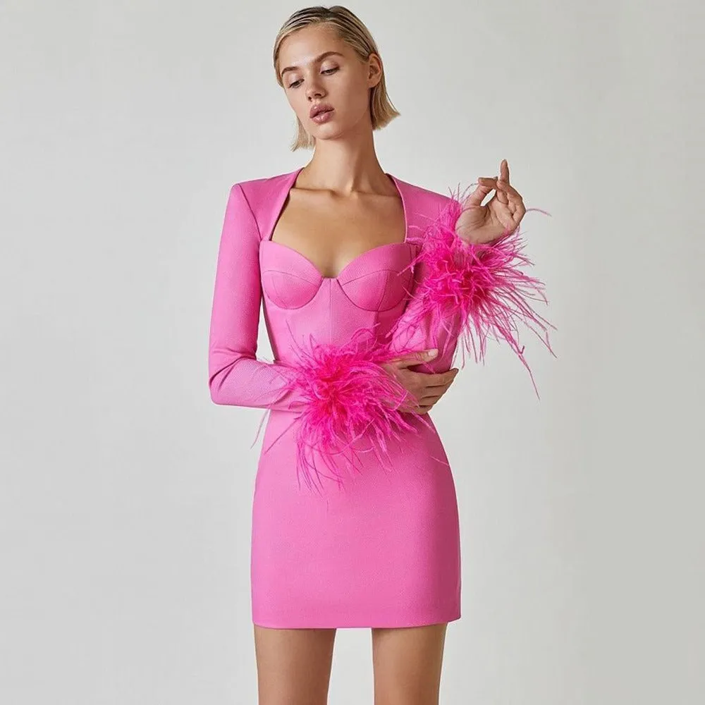 Feather Cuff Long Sleeve Mini Bandage Dress