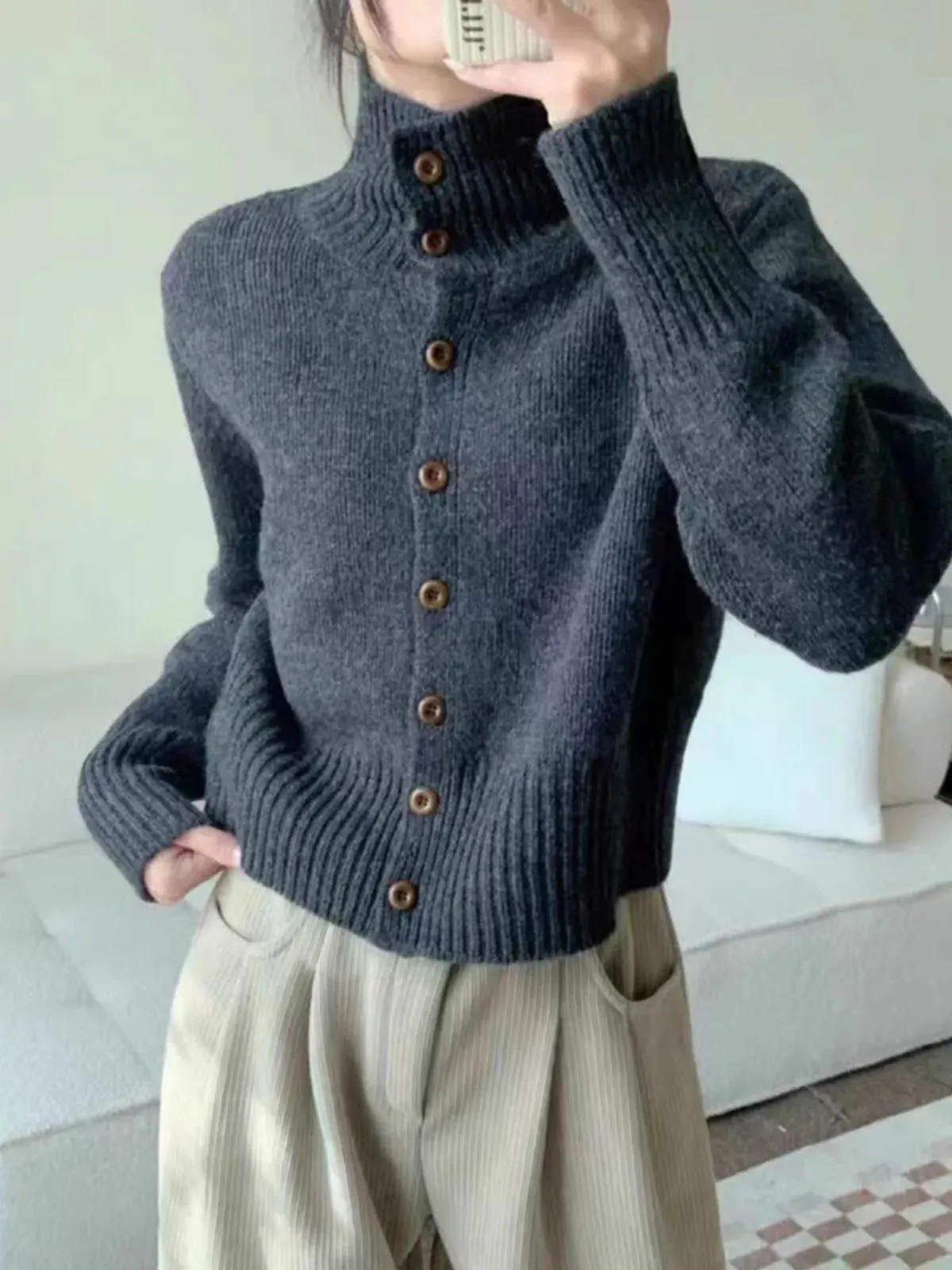 Flytonn-French new turtleneck short cashmere knit cardigan women's autumn and winter loose bottom sweater wool coat