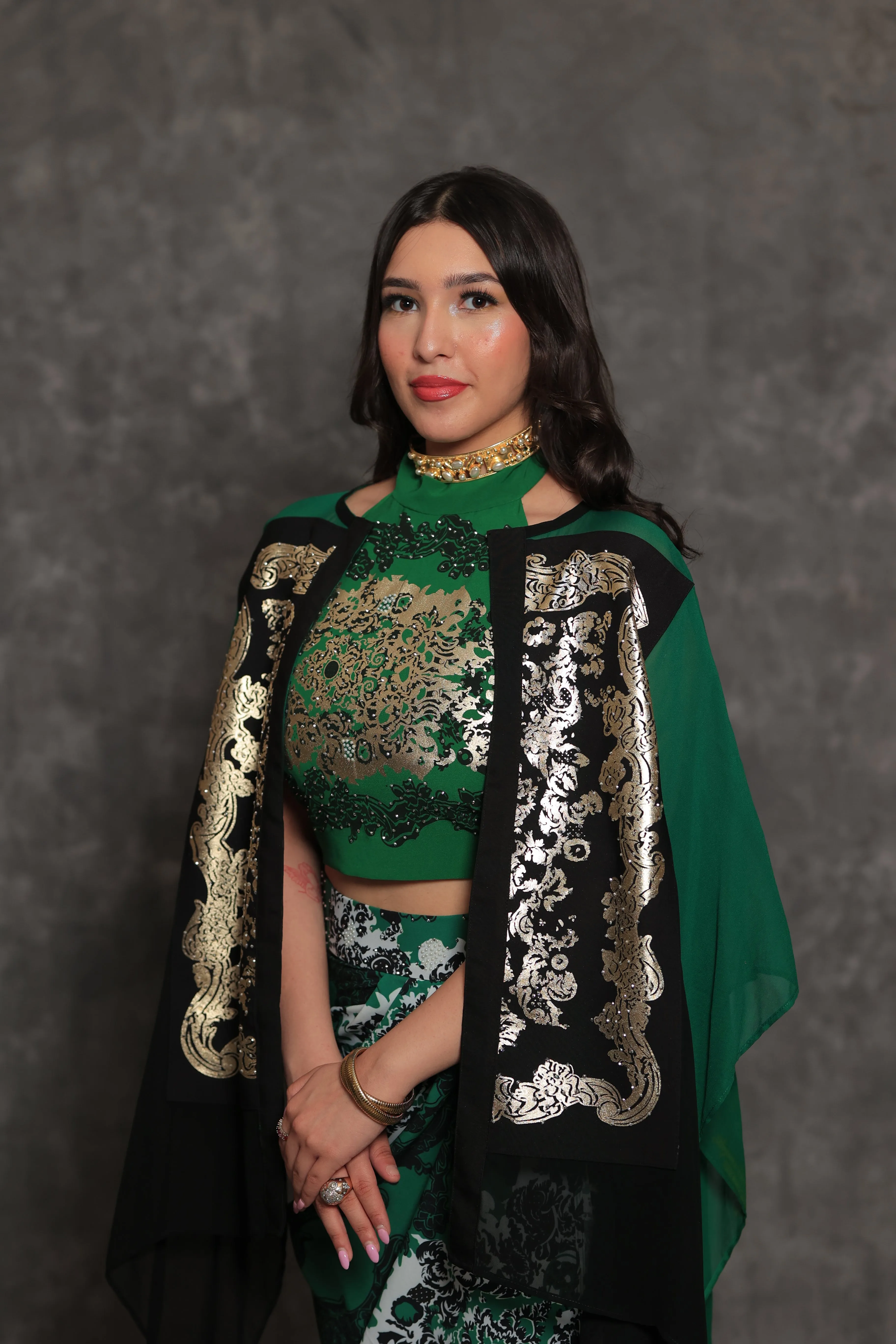 Foil Printed Emerald Green Dhoti Cape Set