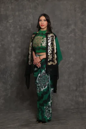 Foil Printed Emerald Green Dhoti Cape Set