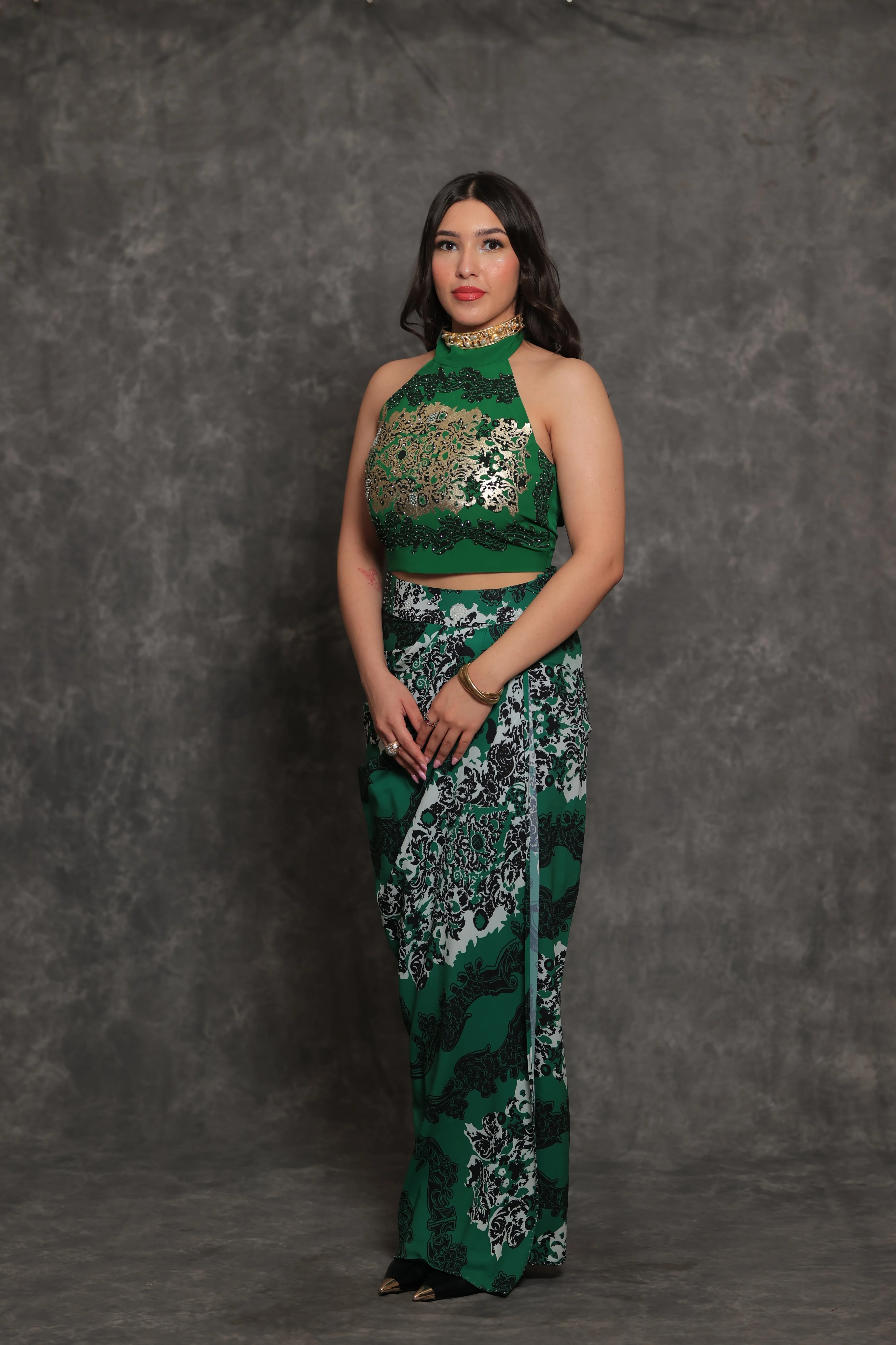 Foil Printed Emerald Green Dhoti Cape Set