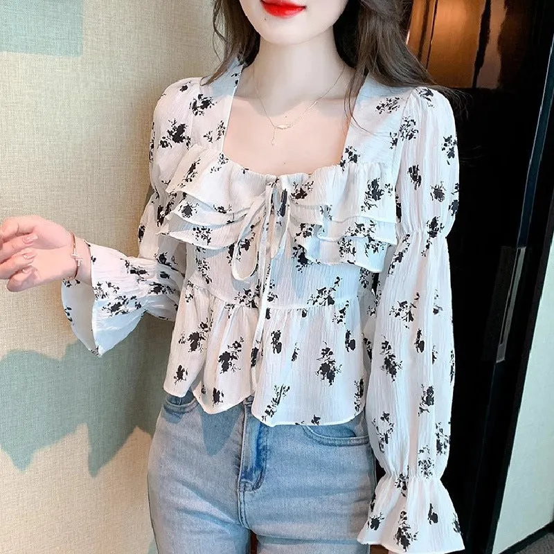 Gentle Plus Size Square Collar Floral Print Long Sleeve Shirt