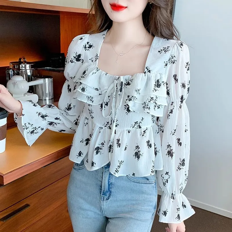 Gentle Plus Size Square Collar Floral Print Long Sleeve Shirt