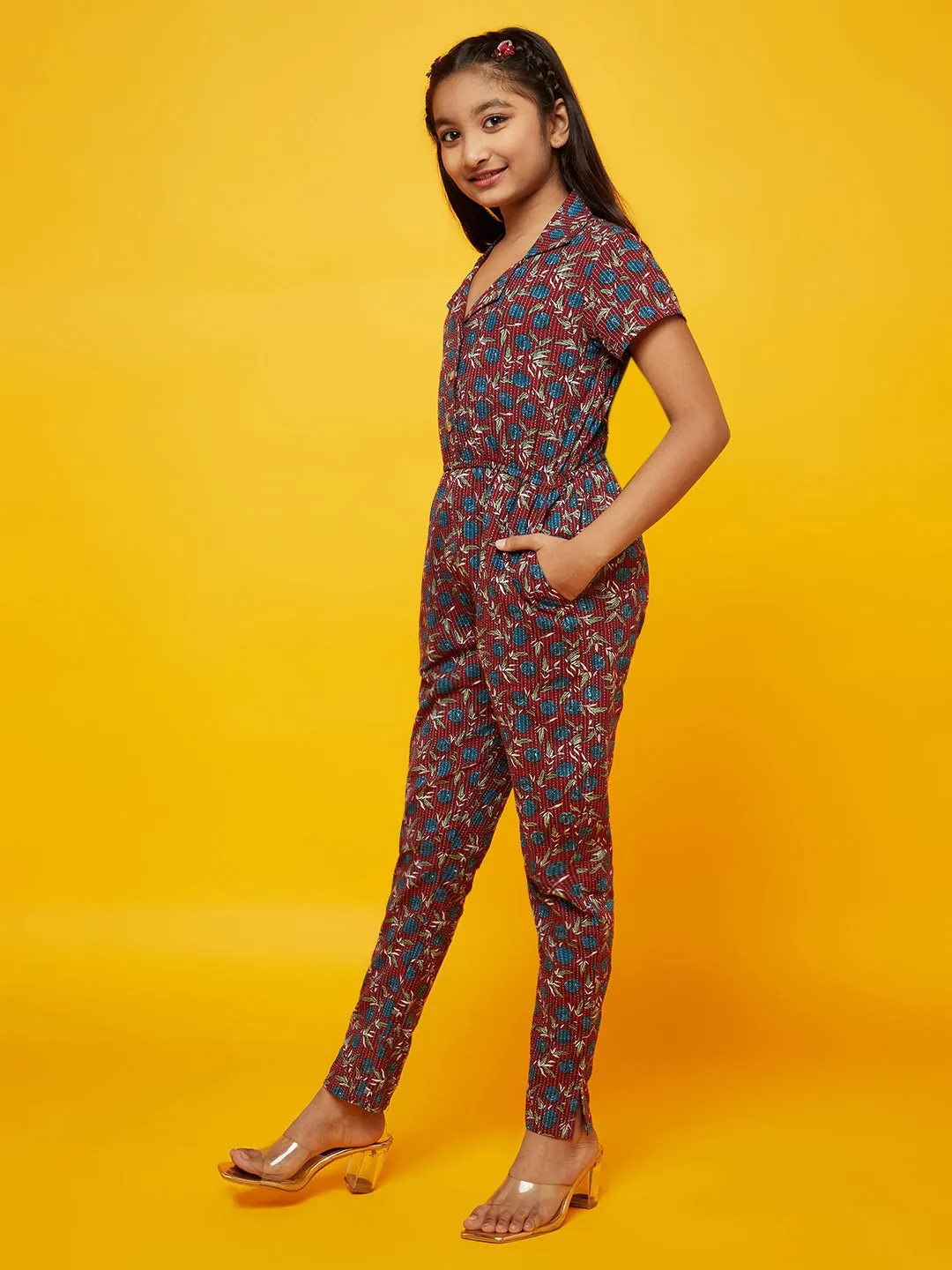 Girl's Maroon Floral Print Jumpsuit - Aks Girls