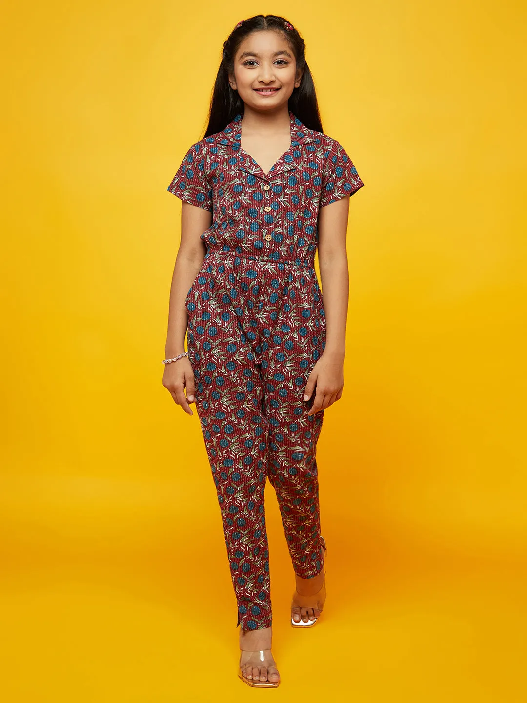 Girl's Maroon Floral Print Jumpsuit - Aks Girls