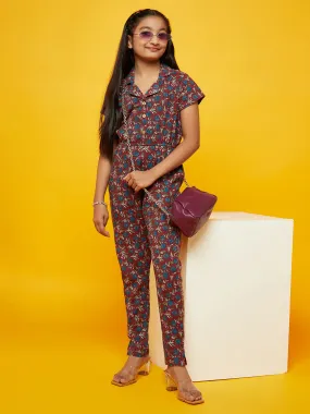 Girl's Maroon Floral Print Jumpsuit - Aks Girls