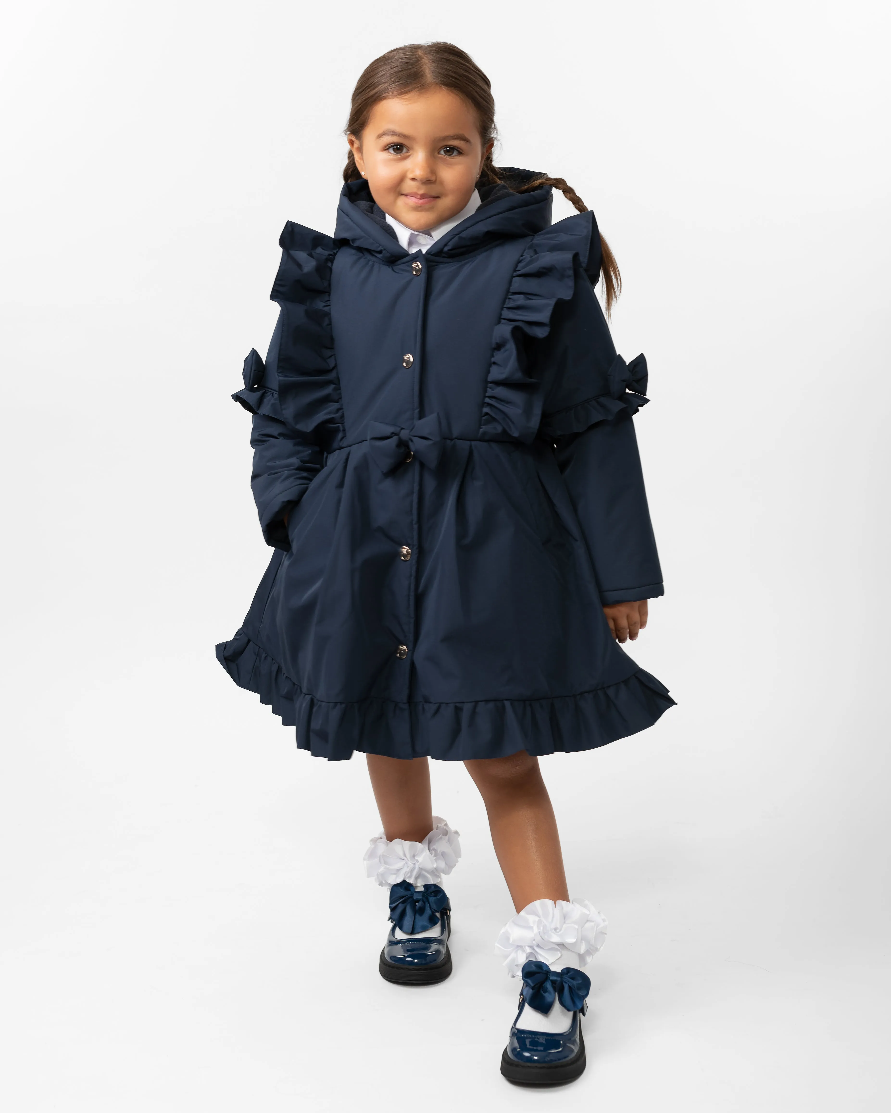 Girls Navy Hooded Bow Coat