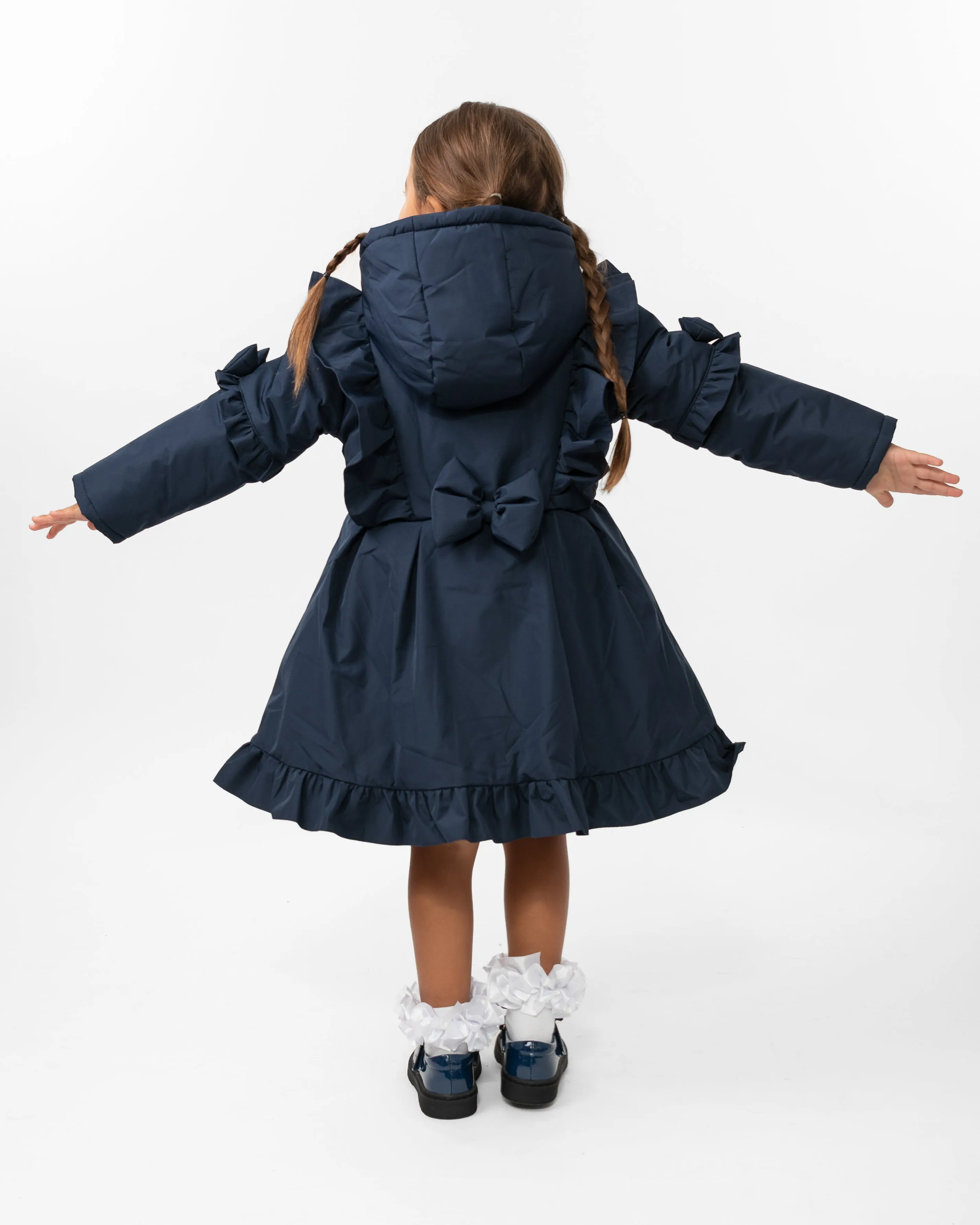 Girls Navy Hooded Bow Coat