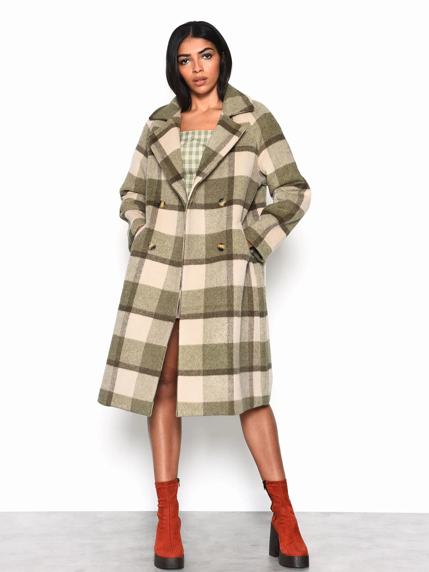 Glamorous Olive Beige Check Longline Coat