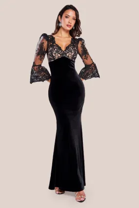 Goddiva Scalloped Lace & Velvet Maxi Dress - Black