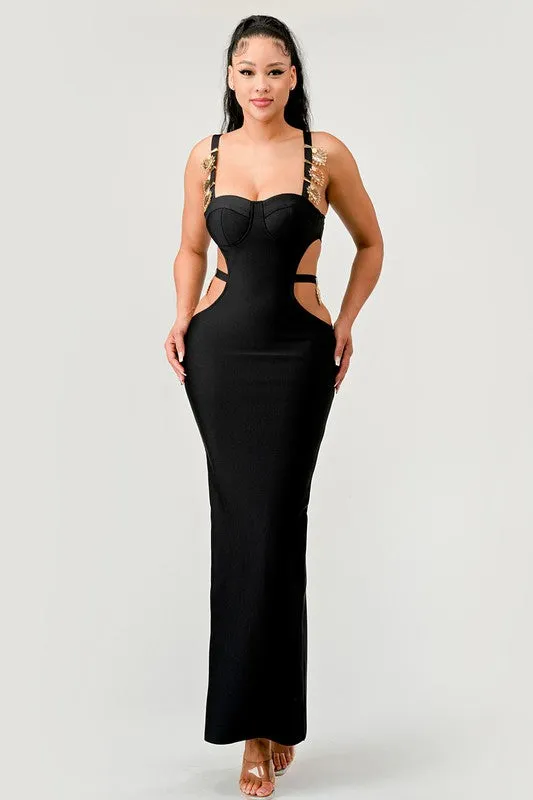 Gold Hearts Cut Out Bandage Maxi Dress - Black