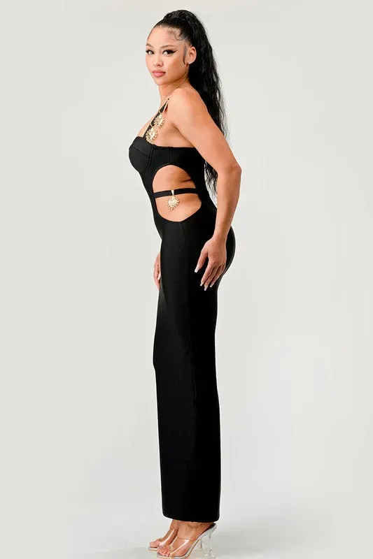 Gold Hearts Cut Out Bandage Maxi Dress - Black