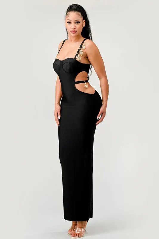 Gold Hearts Cut Out Bandage Maxi Dress - Black