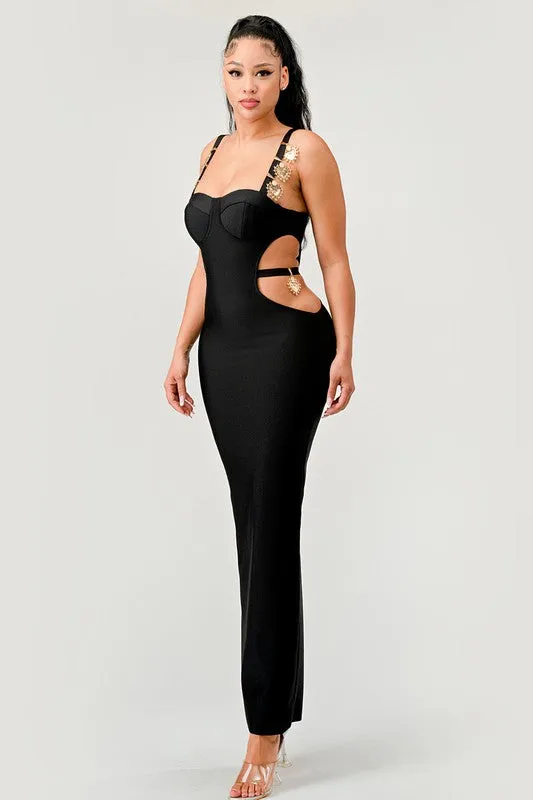 Gold Hearts Cut Out Bandage Maxi Dress - Black