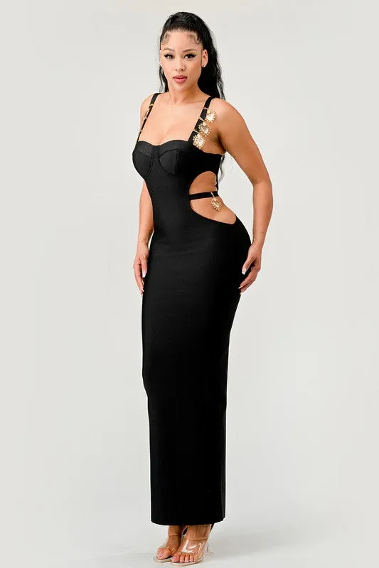 Gold Hearts Cut Out Bandage Maxi Dress - Black