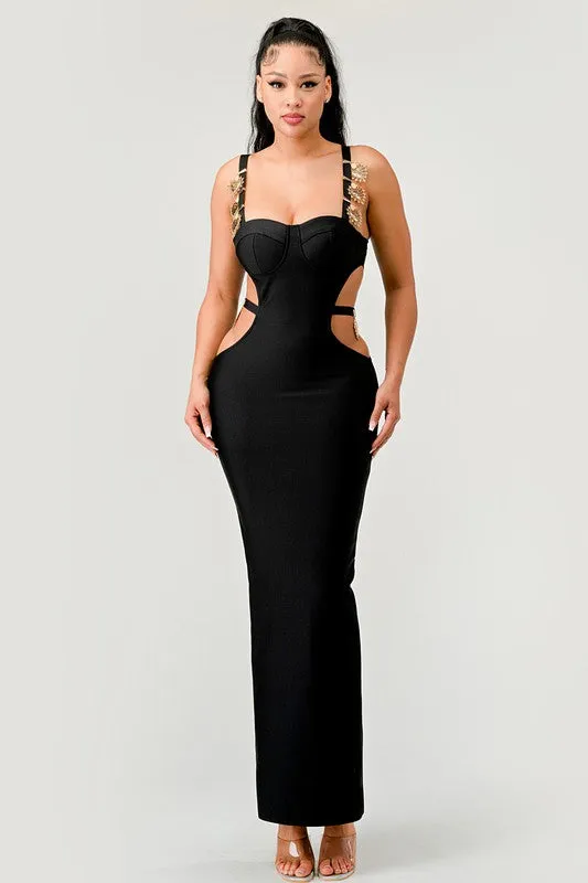 Gold Hearts Cut Out Bandage Maxi Dress - Black