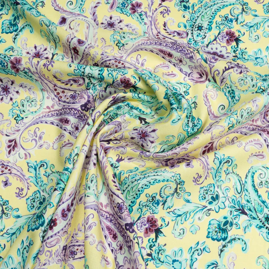 Green & Purple Paisley Printed Soft Yellow Wool & Cotton Blend