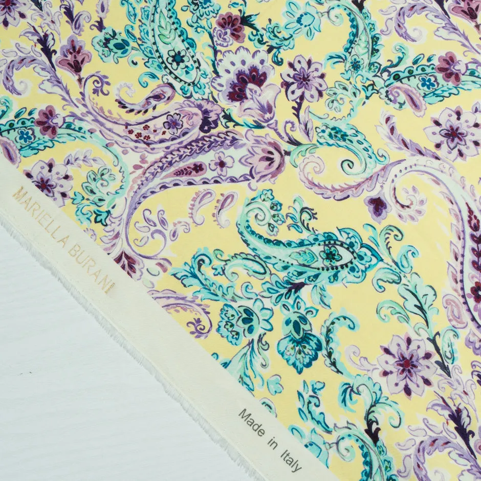 Green & Purple Paisley Printed Soft Yellow Wool & Cotton Blend