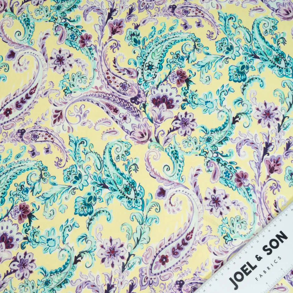 Green & Purple Paisley Printed Soft Yellow Wool & Cotton Blend