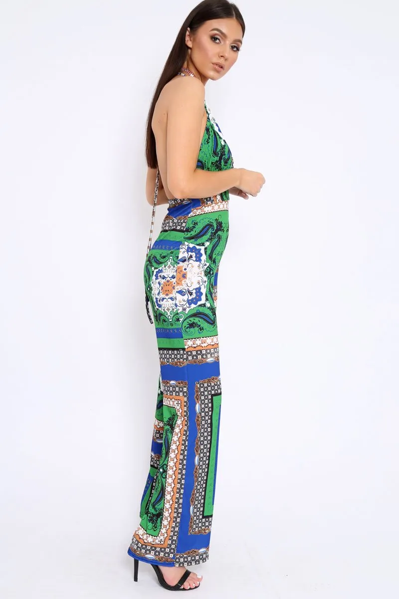 Green Scarf Print Backless Jumpsuit - Winslet