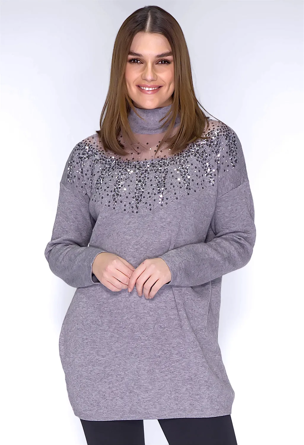 Grey Sequin Long Line  Knit