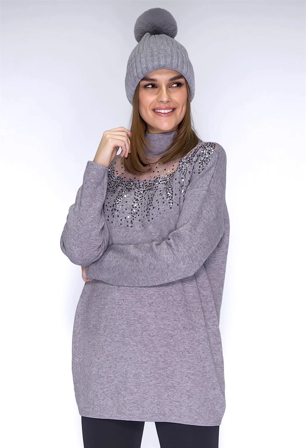 Grey Sequin Long Line  Knit