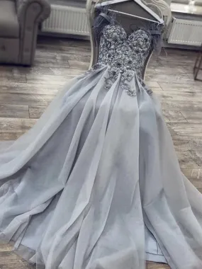 Grey Tulle Sweetheart Neck Lace Floral Long Prom, Grey Lace Floral Formal, Grey Evening