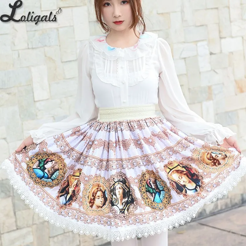 Harajuku Baroque Printed Short Skirt Mori Girl A line Elastic Waist Skirt