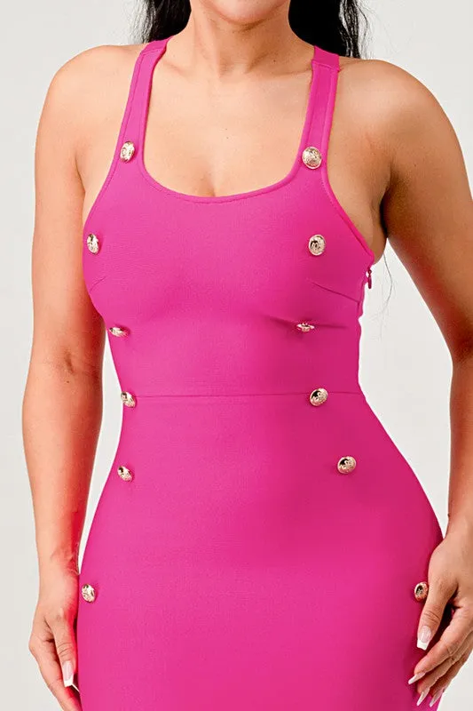 Hot Pink Brass Button Bandage Maxi Dress